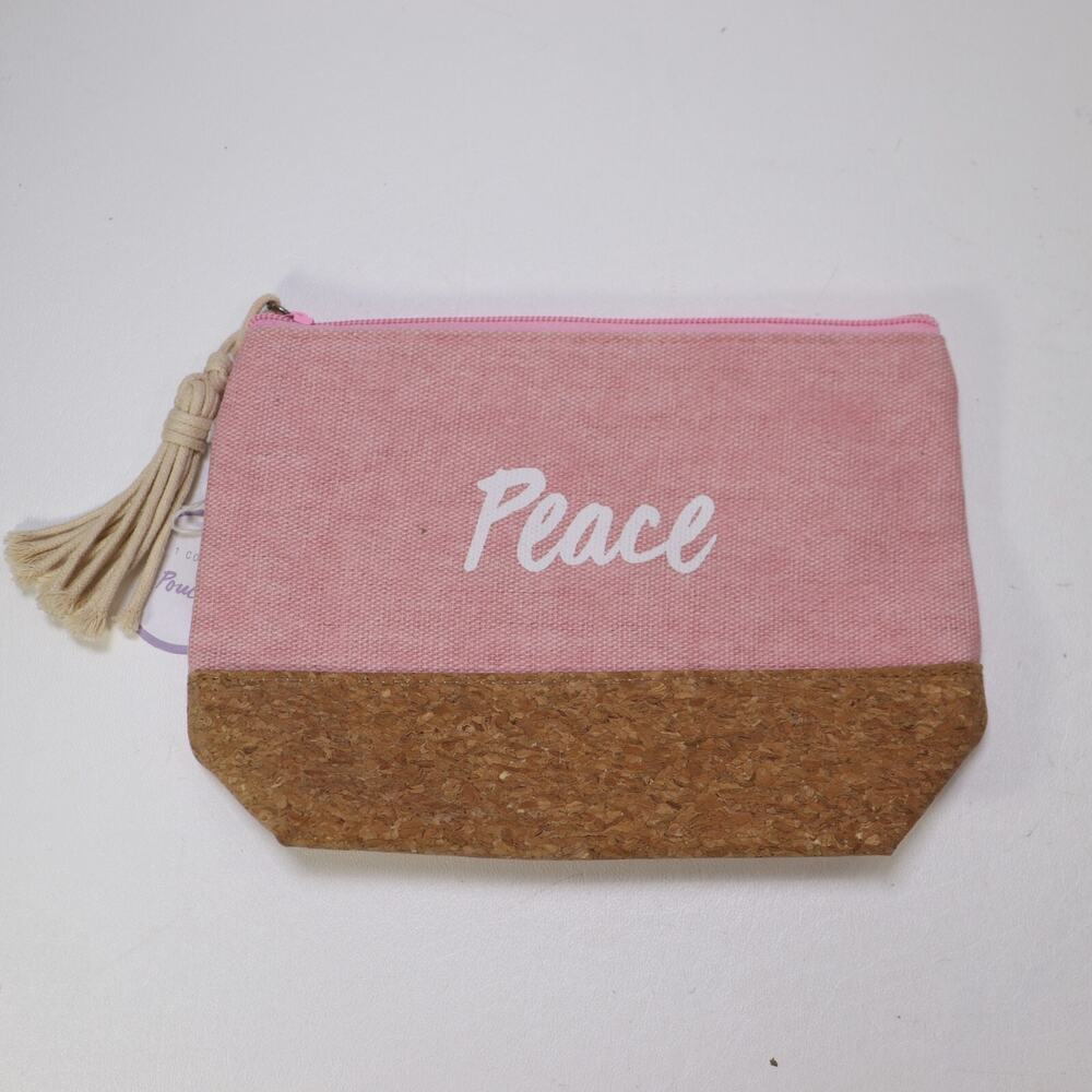 Peace Canvas Cork Makeup Cosmetic Case Bag Pink Brown Tassel Zip Lined NWT
